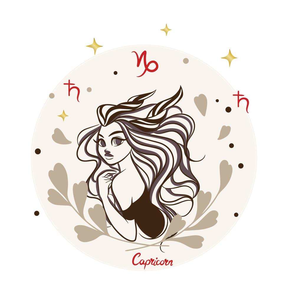 chica con un hermoso peinado, dibujos animados, capricornio, signo del zodiaco, decoración vector