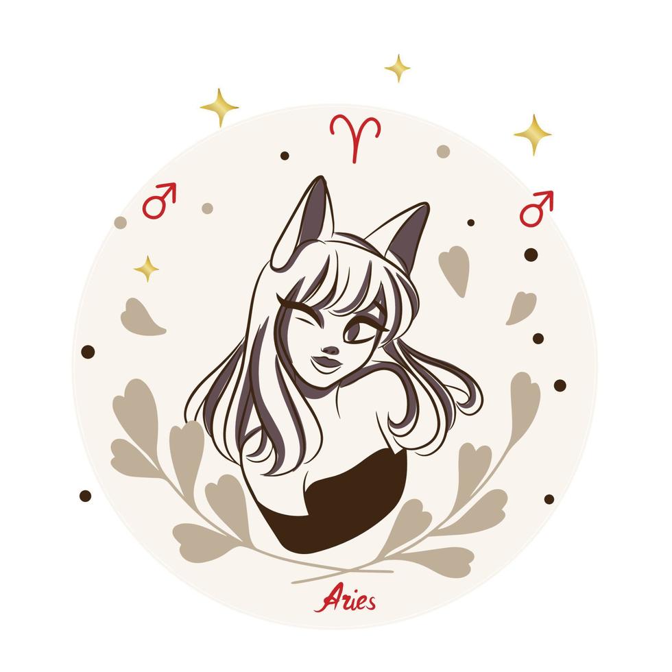 hermosa niña, aries, estilo de dibujos animados, signo del zodiaco, decoración, moda vector