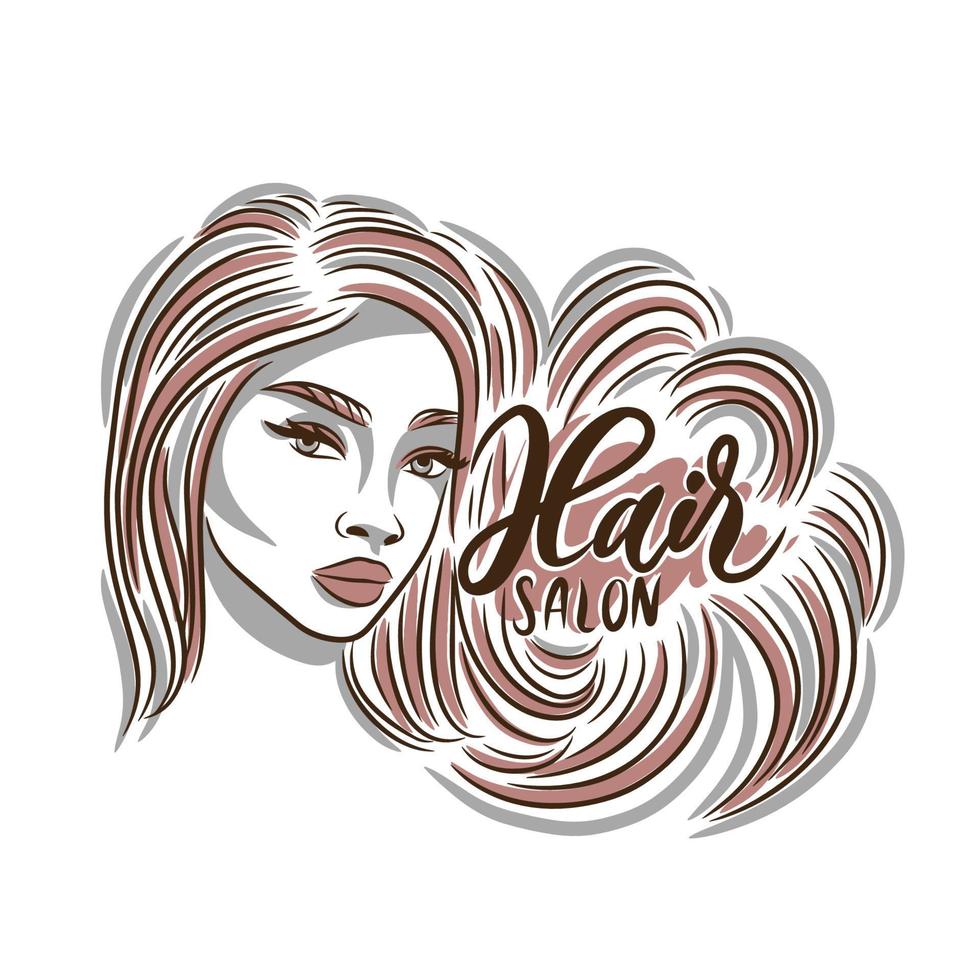 Hair salon, handwritten inscription for a beauty salon, beautiful girl with long hair vector