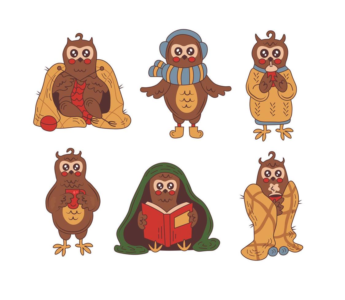 Cozy owl character in winter and autumn set vector