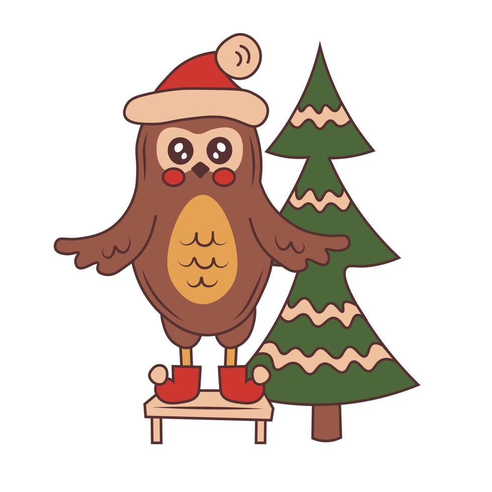 Christmas owl in Santa hat with tree vector