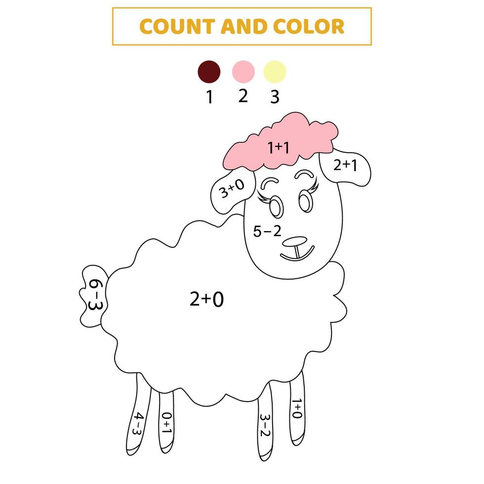 Count and color cute cartoon sheep by numbers. Math game for kids. vector