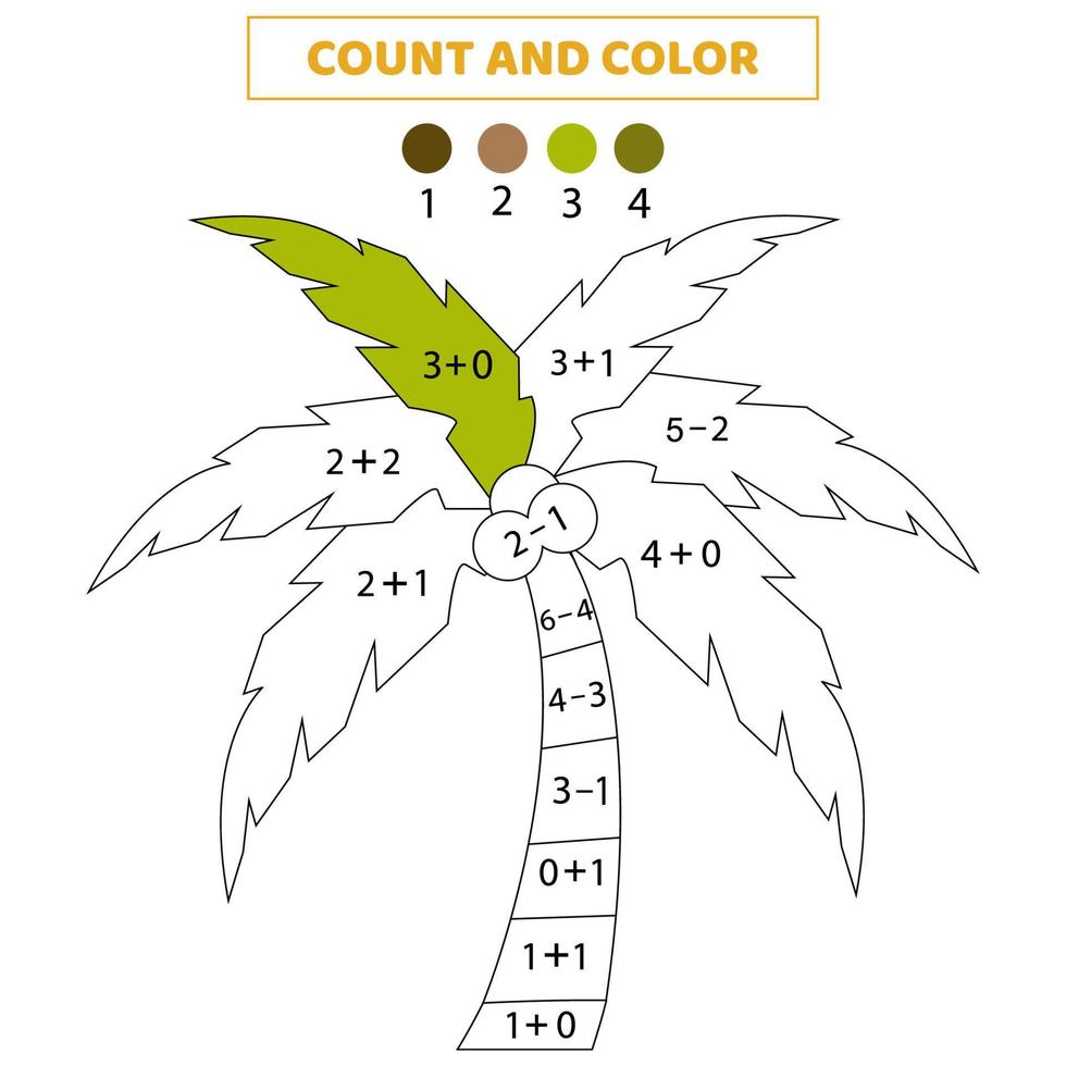 Count and color cute cartoon palm by numbers. Math game for kids. vector