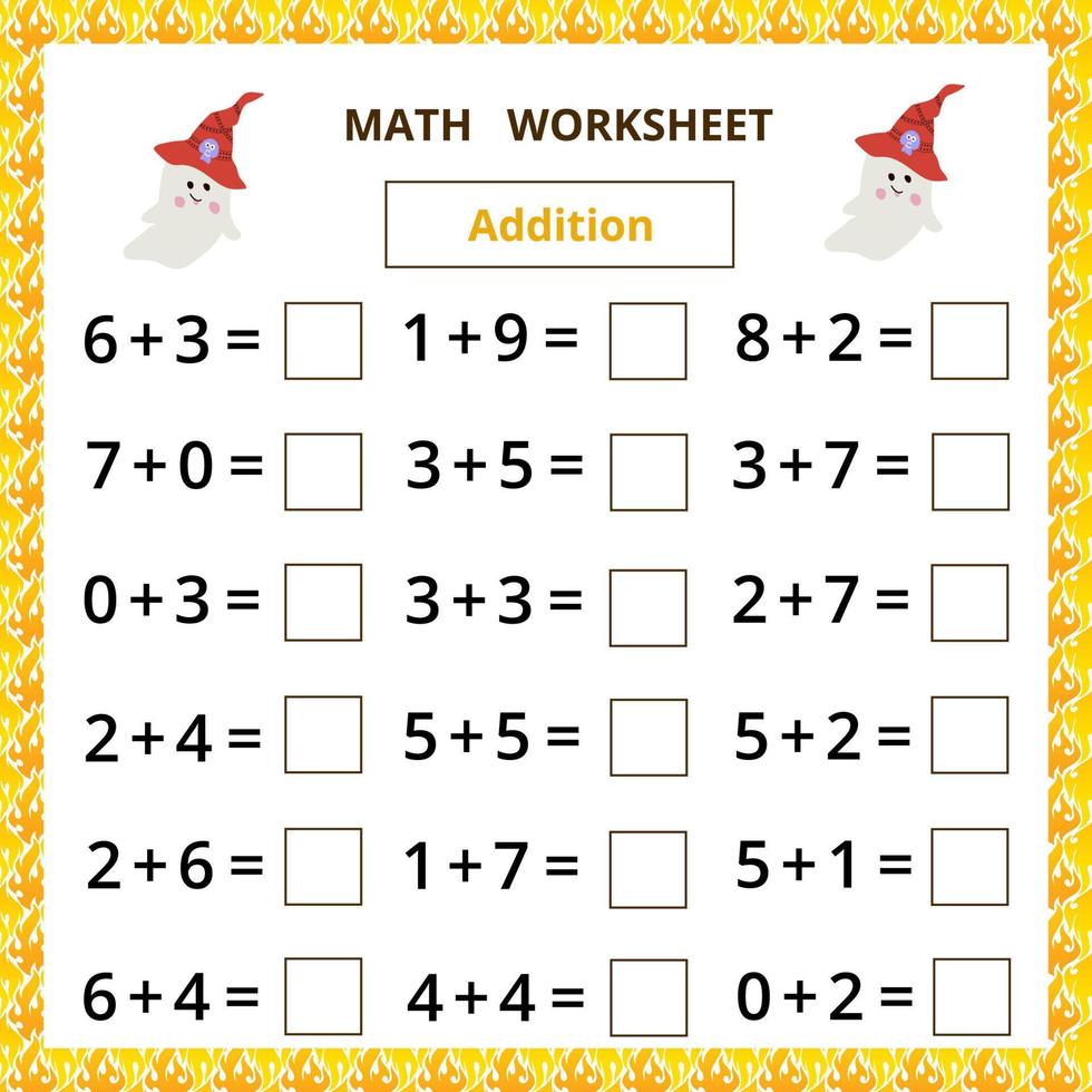 Math worksheet.Addition.Educational worksheet for kids. vector