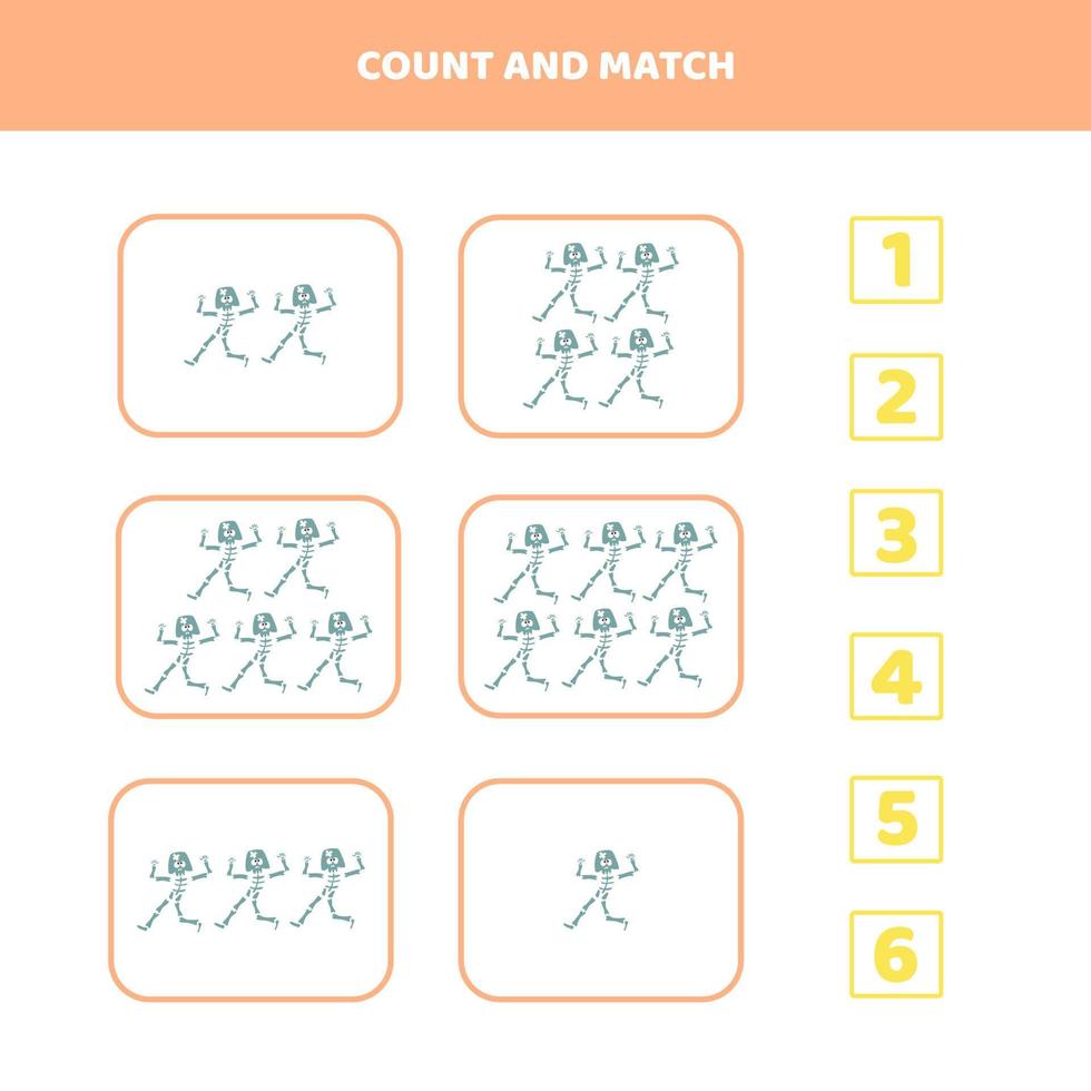 Count and match game for kids with a cartoon skeleton. vector