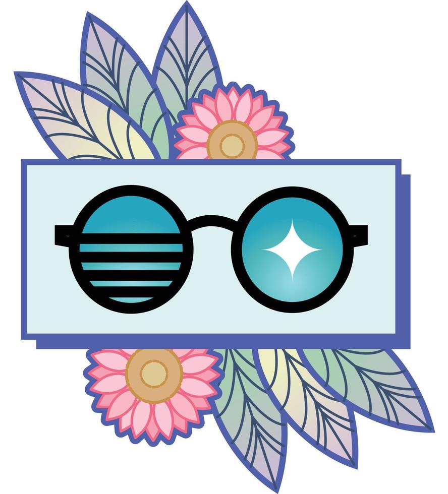 Sunglasses design with blue and black accompanied by some pinky flowers and some blue pattern leaves vector