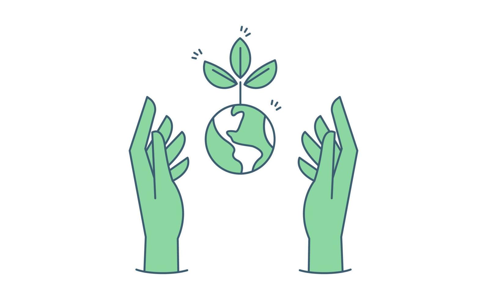 Sustainable ecologic environment concept. Hand holding planet earth. Linear vector illustration.