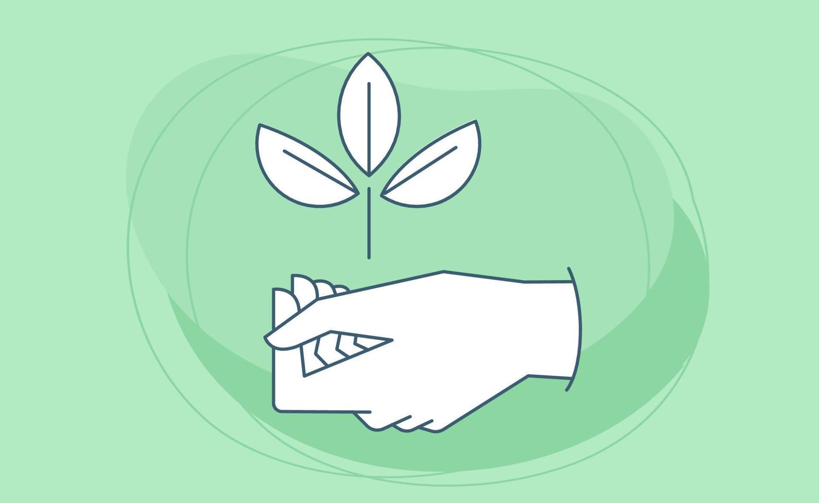 Sustainable ecologic environment concept. Hand holding plant. Linear vector illustration.