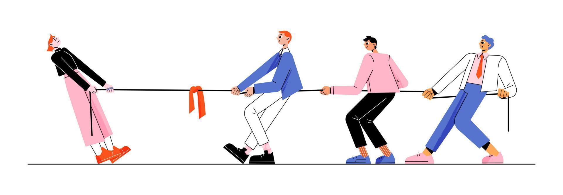 Gender rivalry, men team tug of war with woman vector