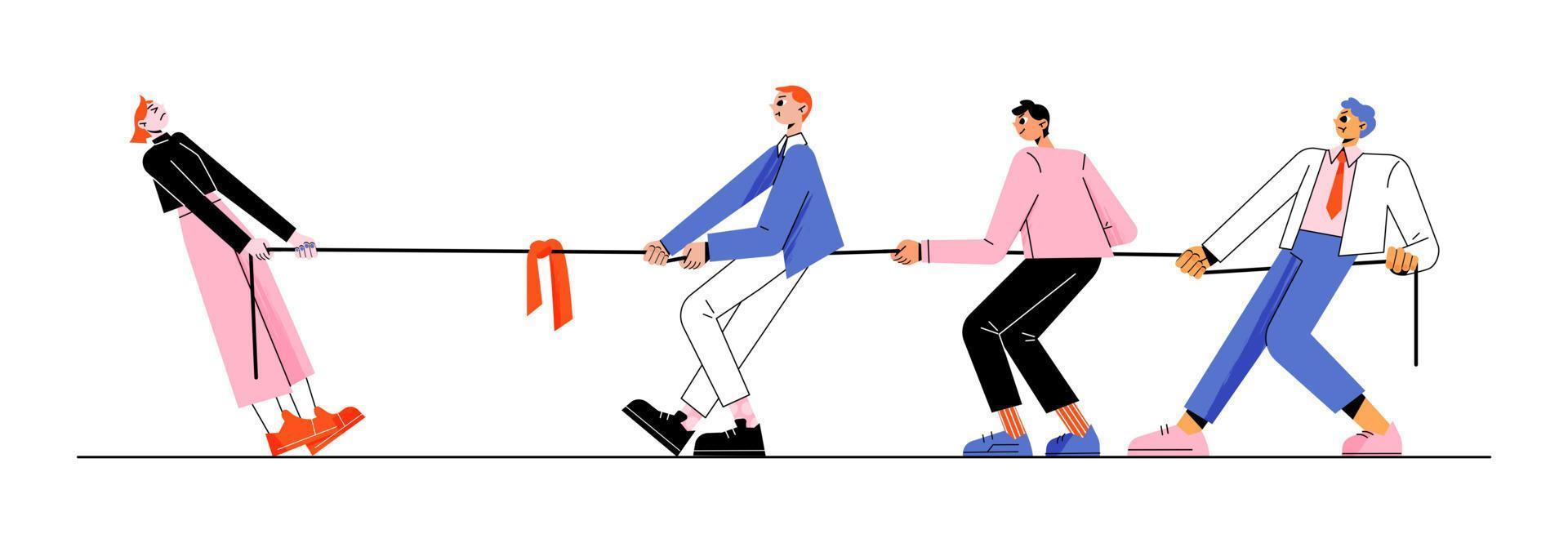 Gender rivalry, men team tug of war with woman vector