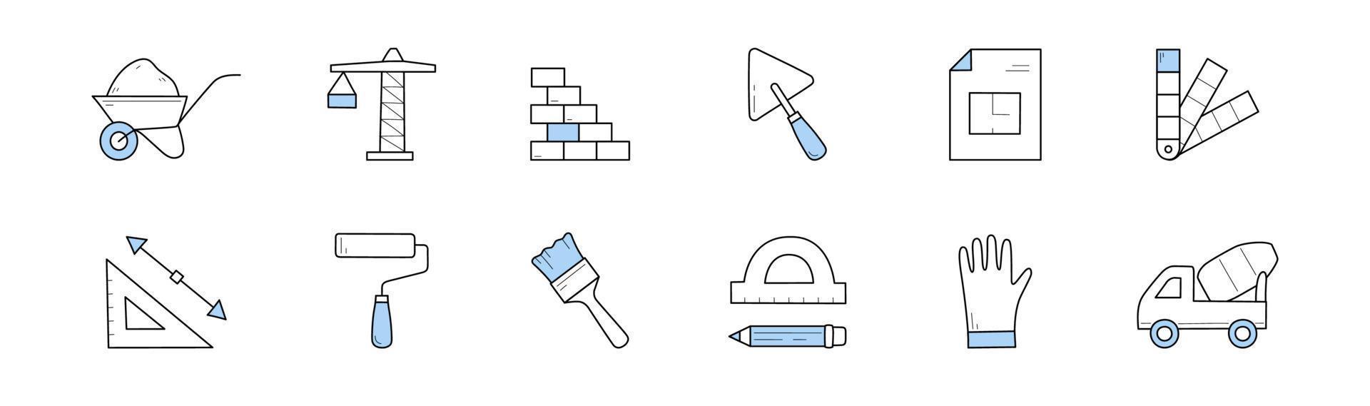 Construction, building doodle icons, vector signs