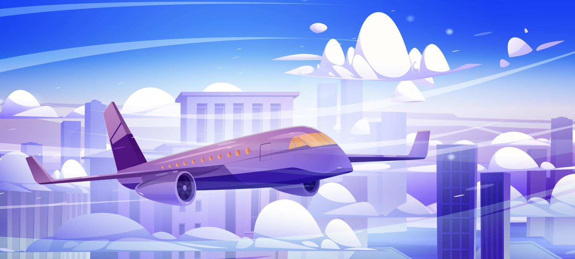 Plane flying in clouds above skyscraper buildings vector