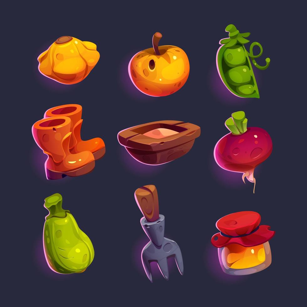 Set of game icons, gardening and farm elements vector