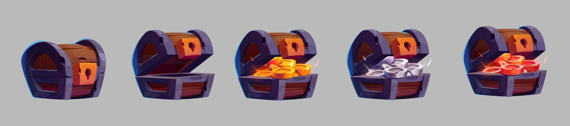 Treasure chests with gold and silver coins, gems vector