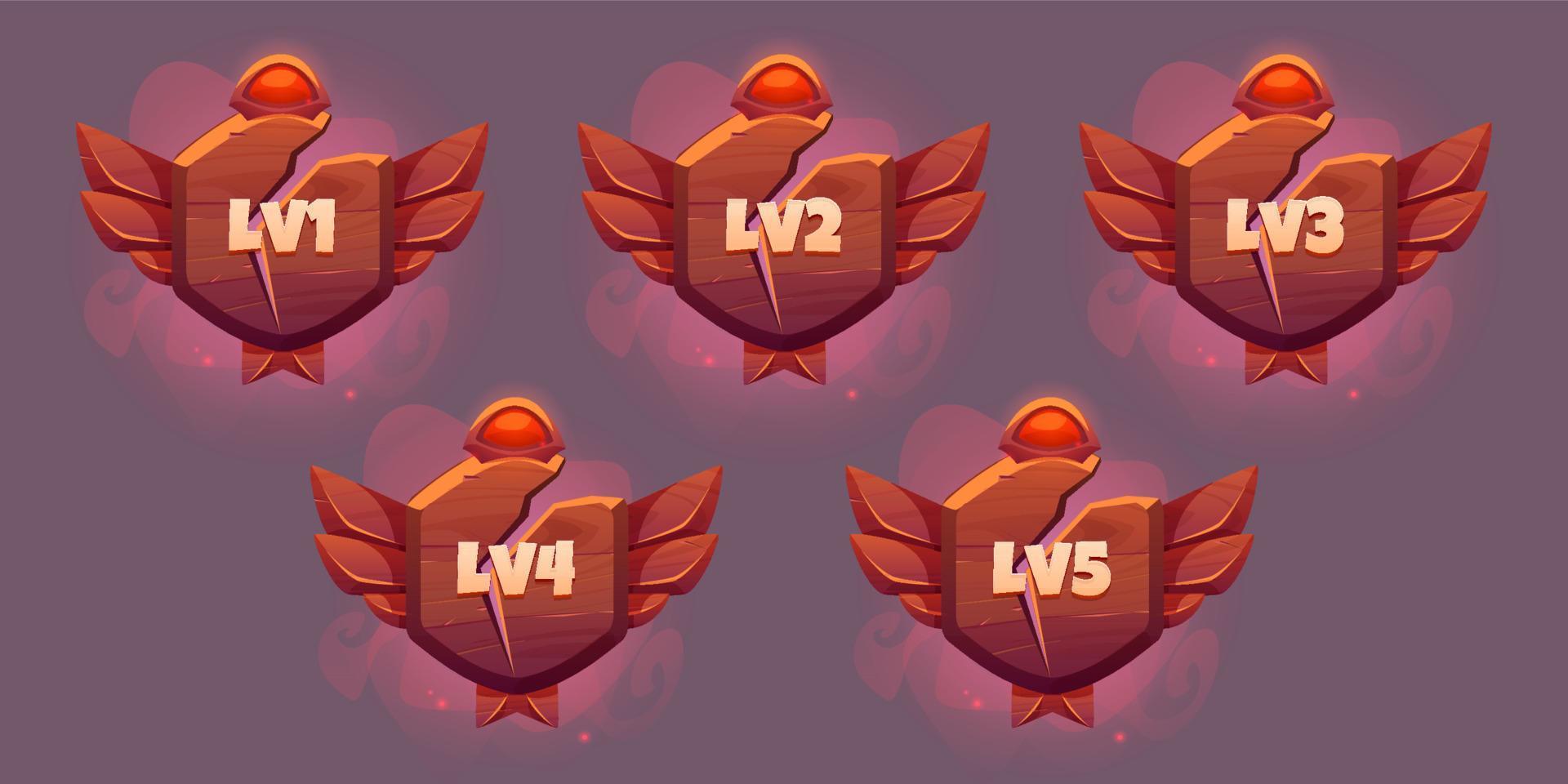 Game level ui icons, wooden shields or banners vector