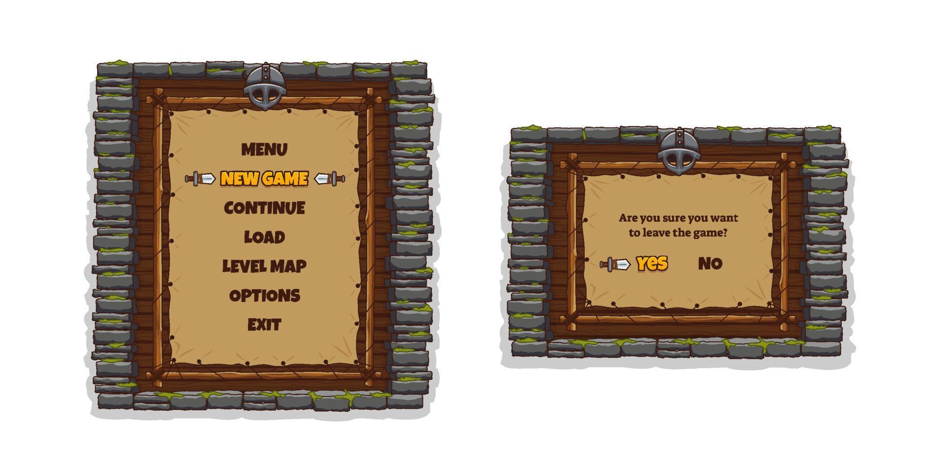 Game menu frame with buttons, helmet, stone wall vector