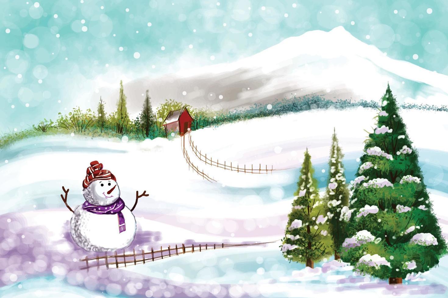 New year and christmas tree winter landscape background with snowman card design vector