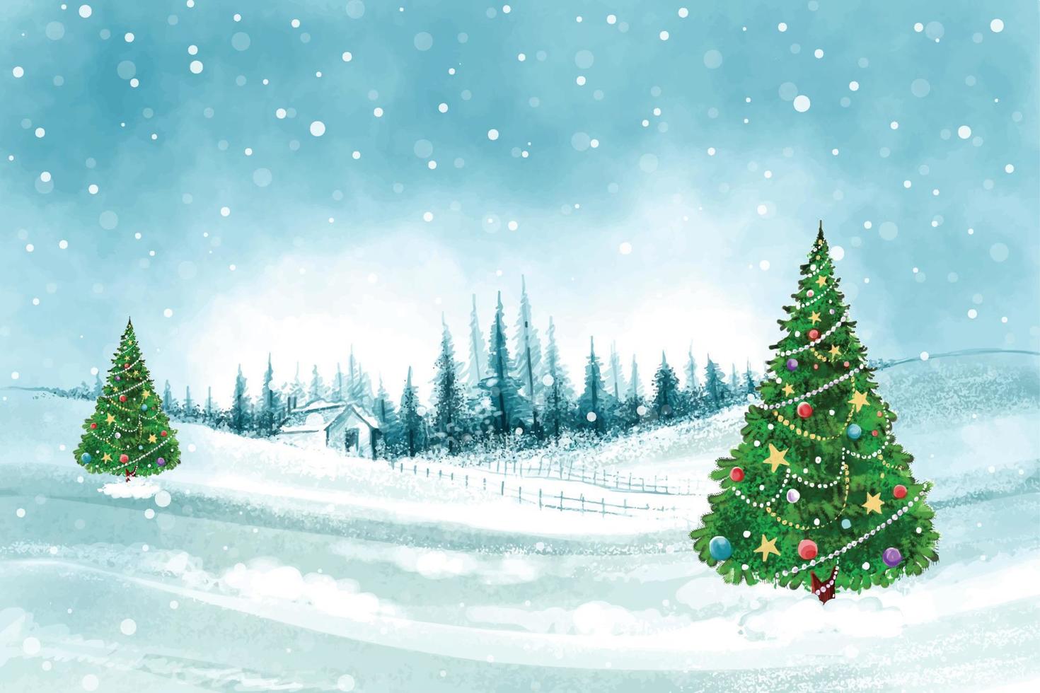 Impressive christmas trees in winter landscape with snow card background vector