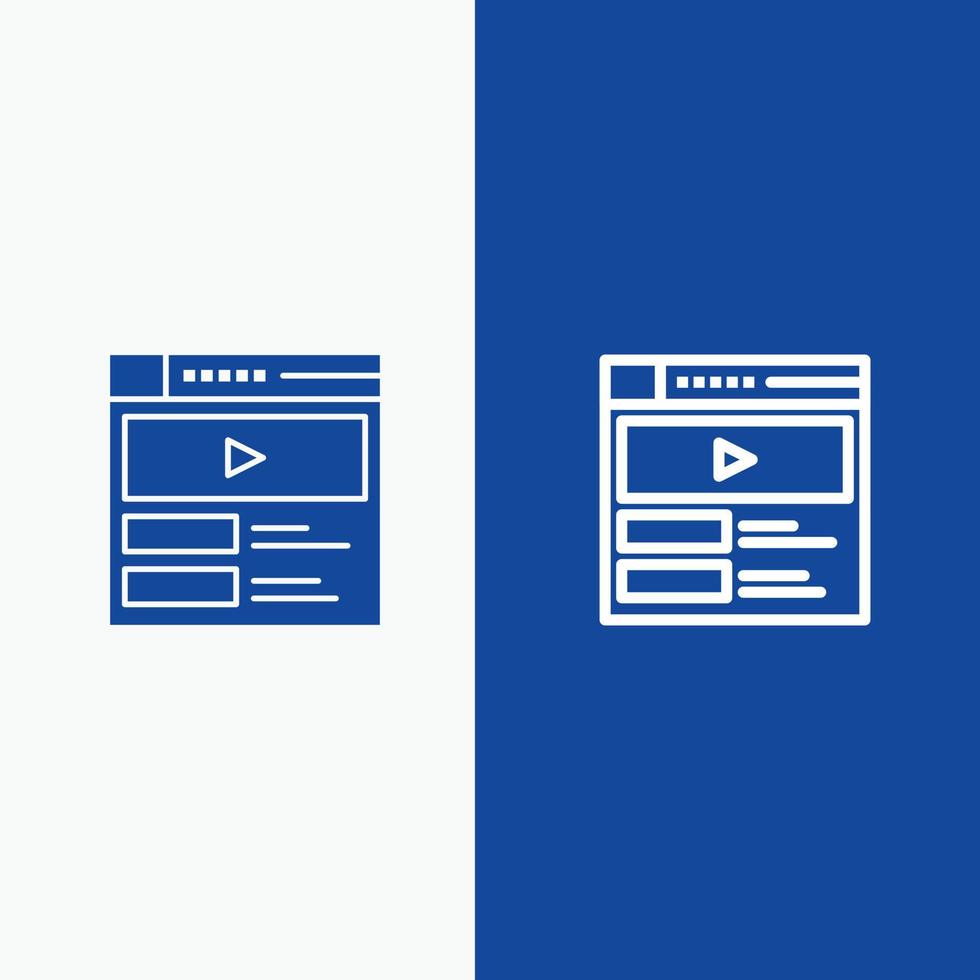 video reproductor de video sitio web línea y glifo icono sólido línea de banner azul y glifo icono sólido azul vector