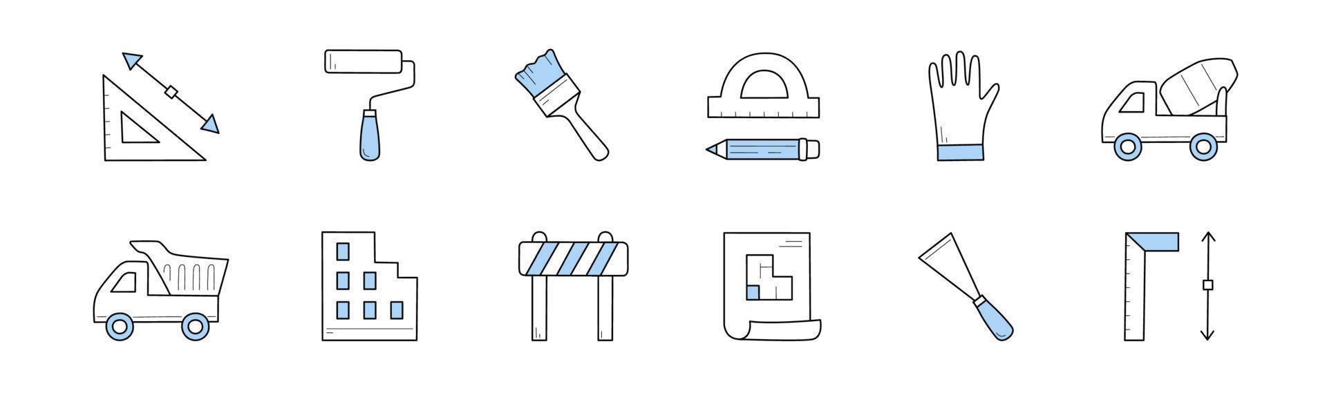 Construction, building doodle icons, vector signs