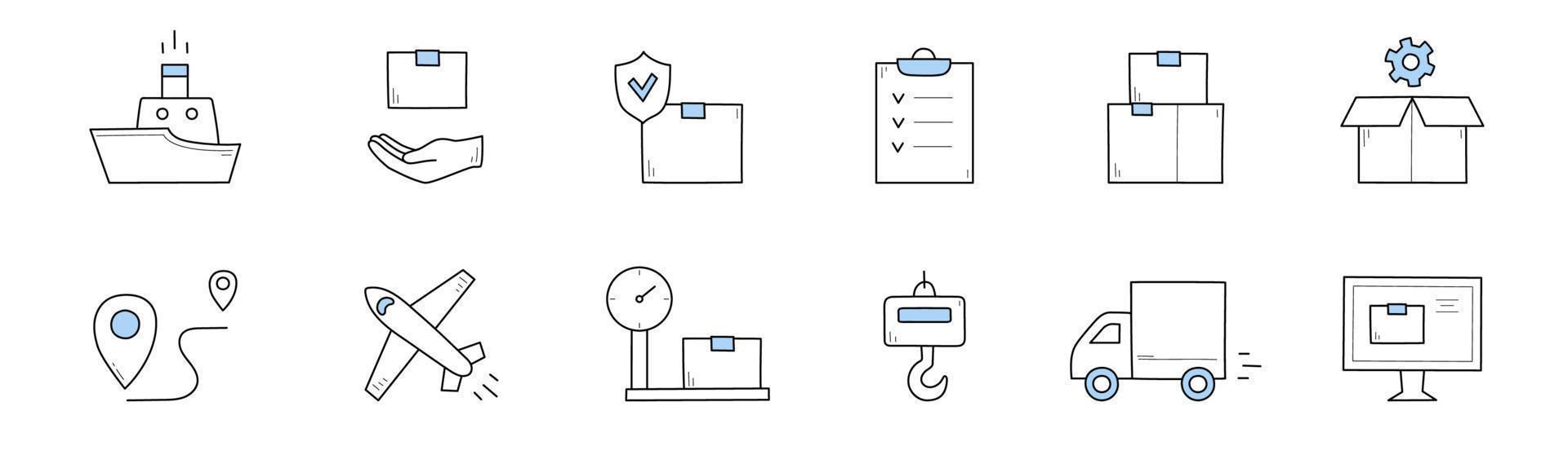 Delivery and shipping service doodle icons, signs vector
