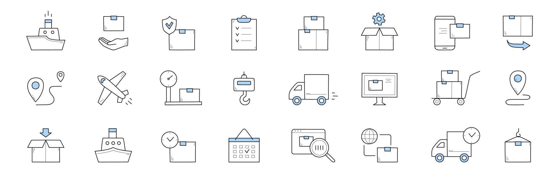 Delivery and shipping service doodle icons, signs vector