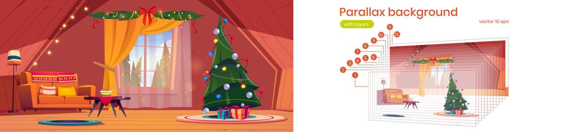 Parallax background attic with Christmas tree vector