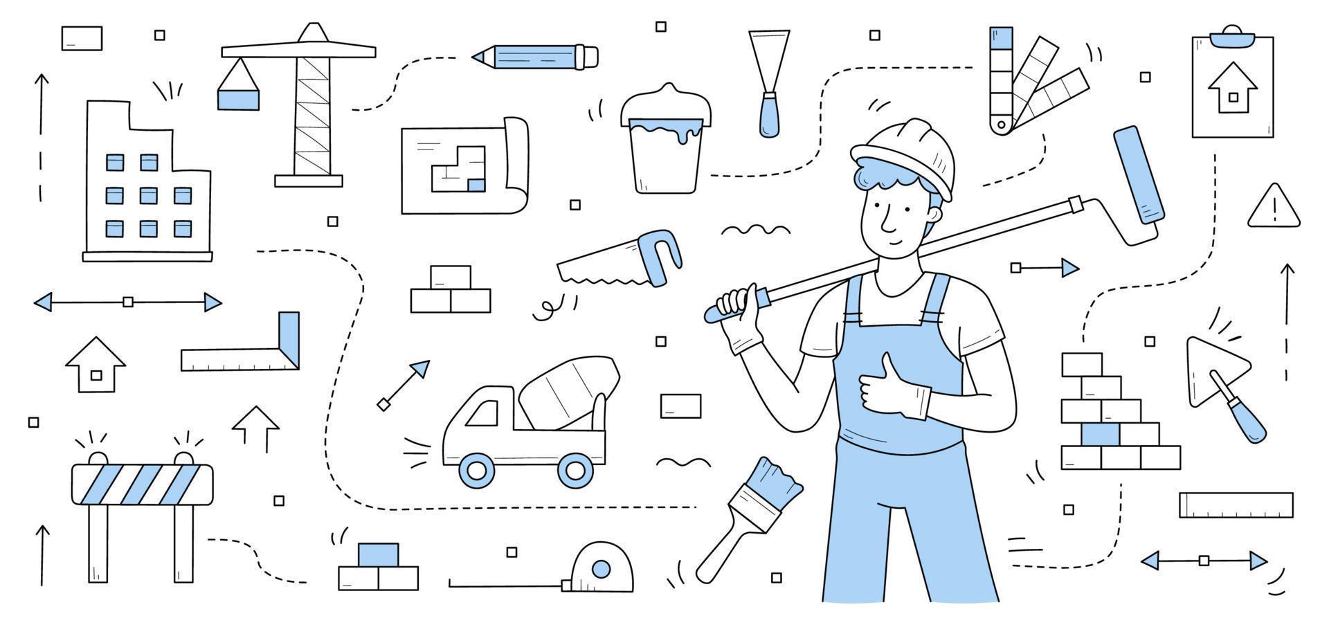 concepto de doodle de construcción, reparación y construcción vector