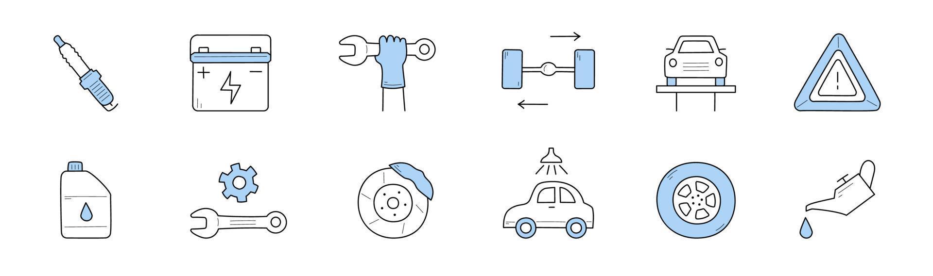 iconos de garabatos de servicio de coche, signos de vectores de reparación de automóviles