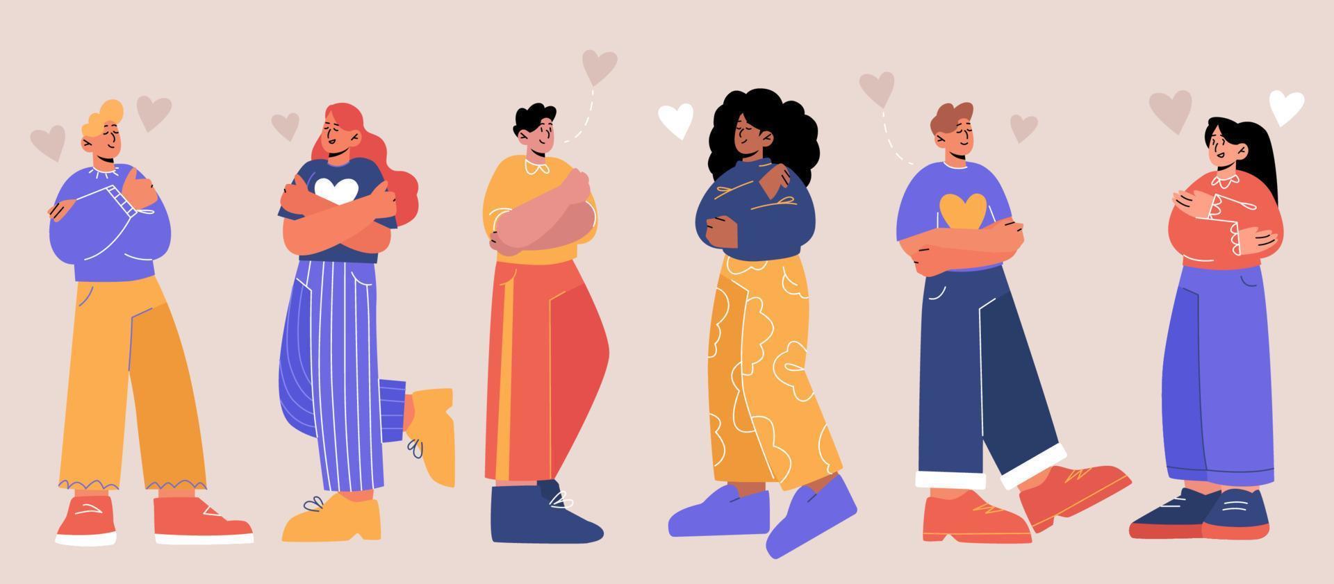 Concept of self love with people hug themselves vector