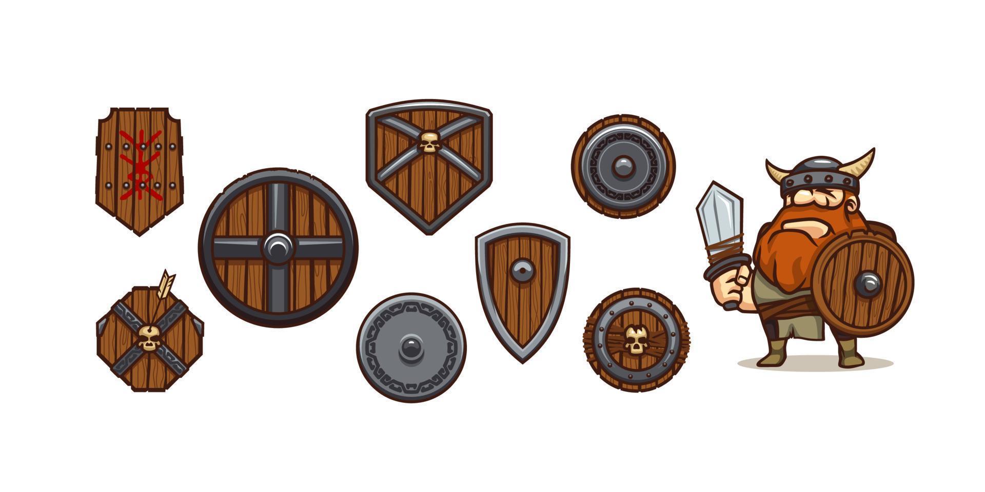 personaje del juego vikingo y diferentes escudos vector