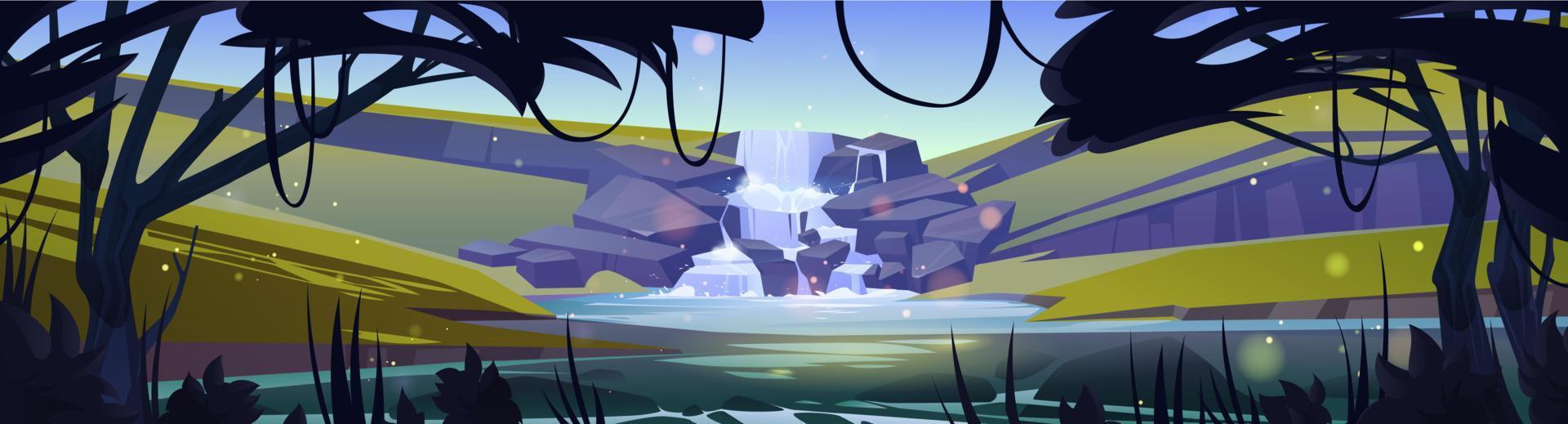 Waterfall cascade in forest cartoon landscape vector