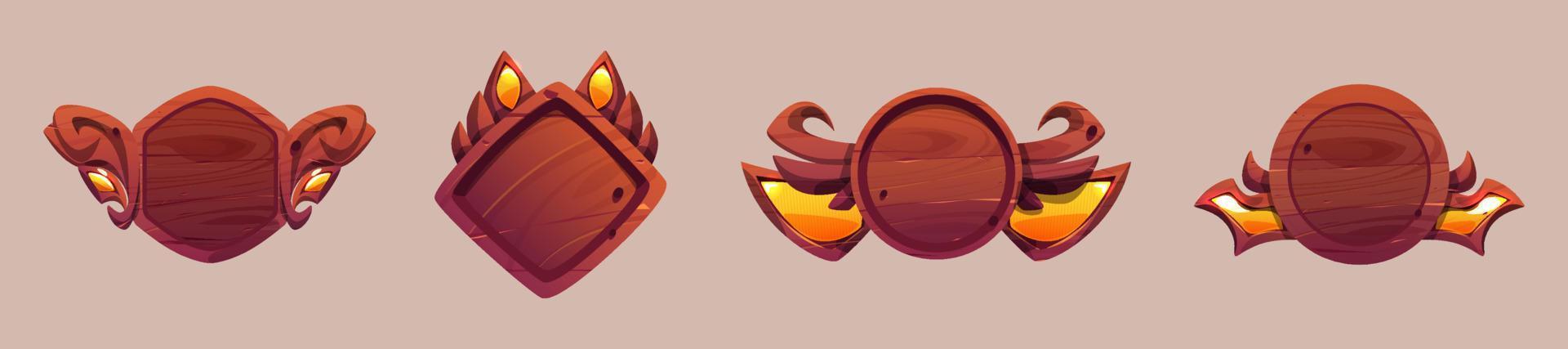 Game avatar frames, level ui icons, wooden shields vector