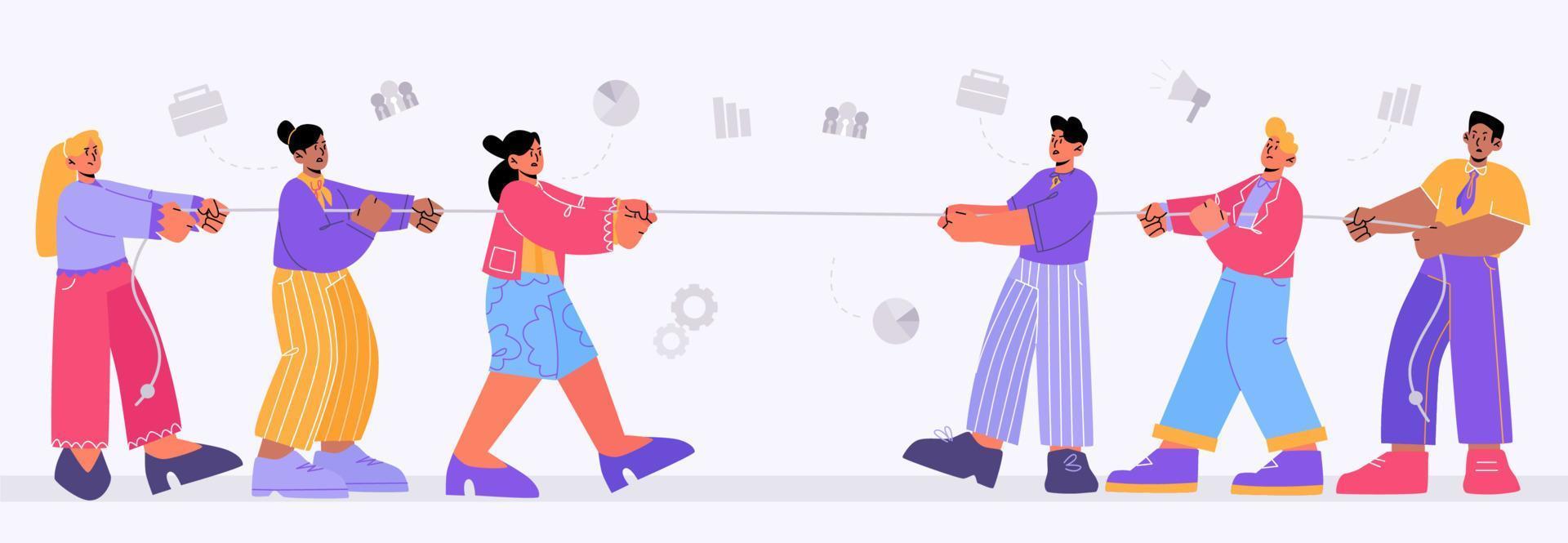 Gender team rivalry, men tug of war with women vector