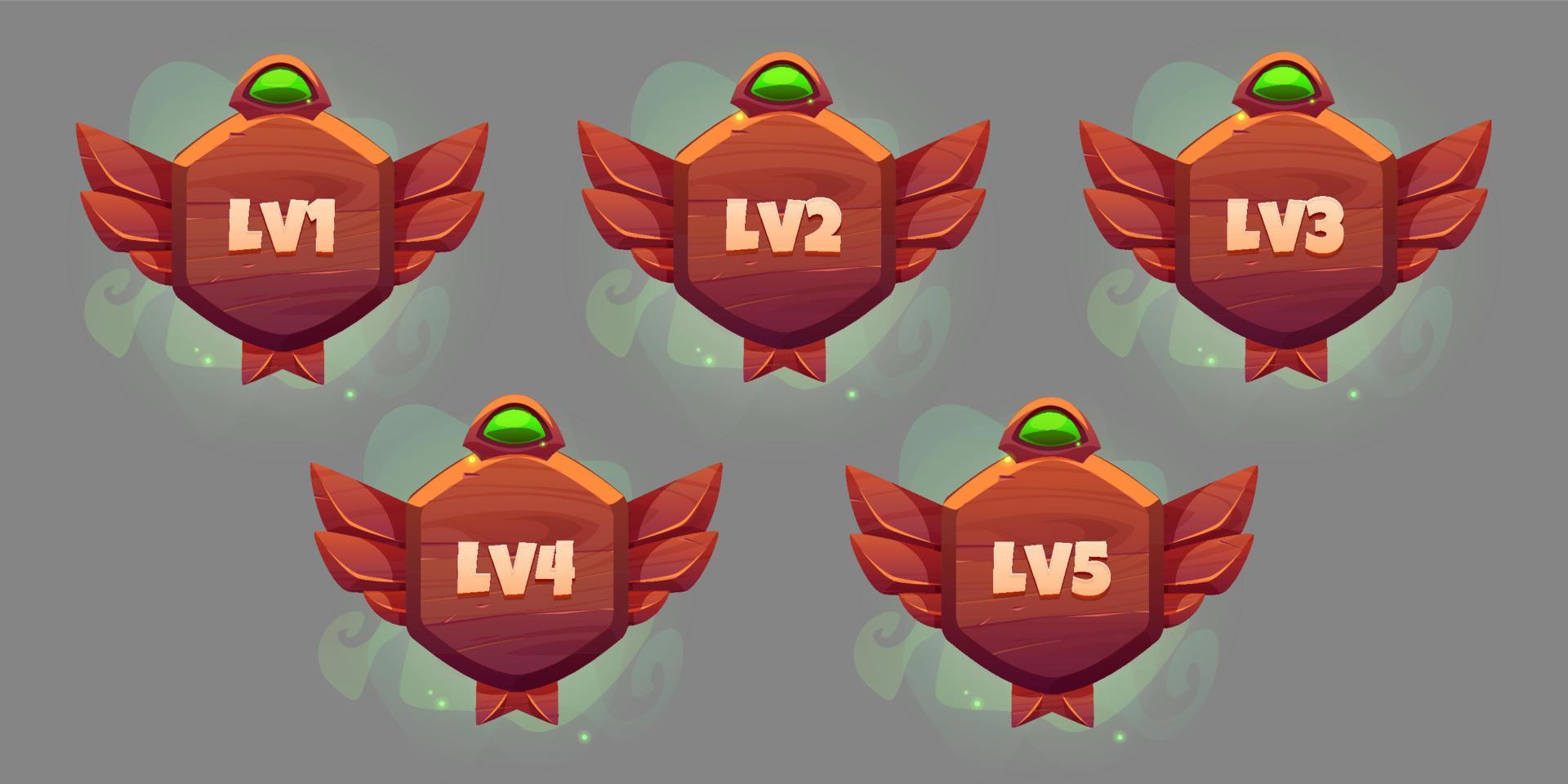 Game level ui icons, wooden shields or banners vector