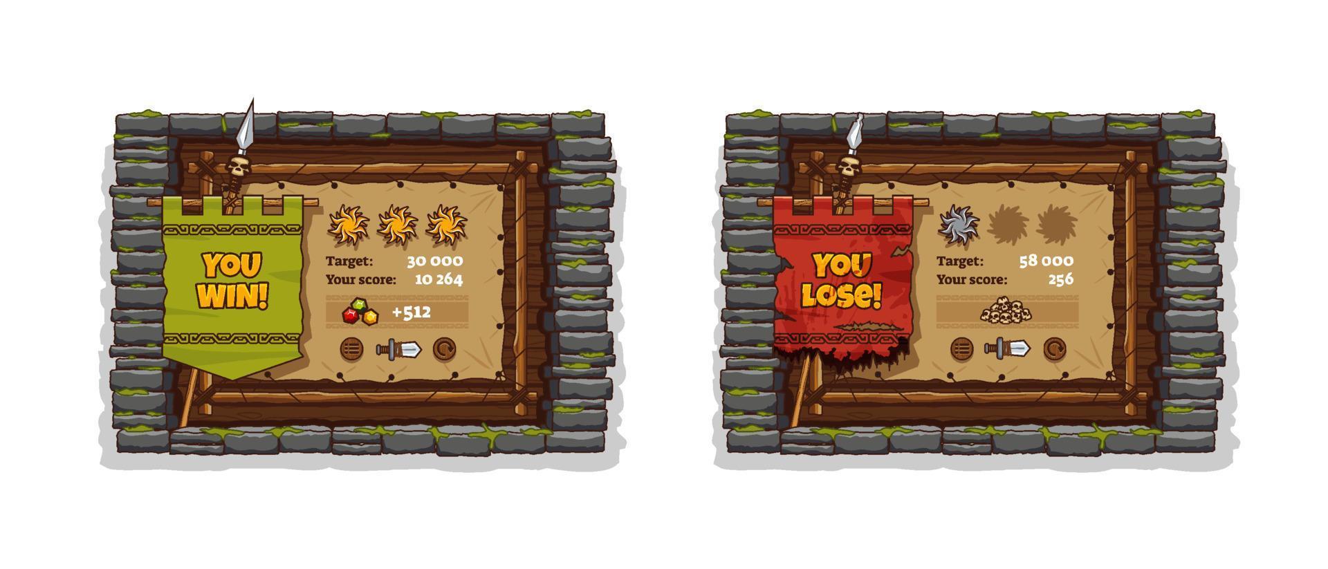 Game win and lose banners with stone brick frame vector