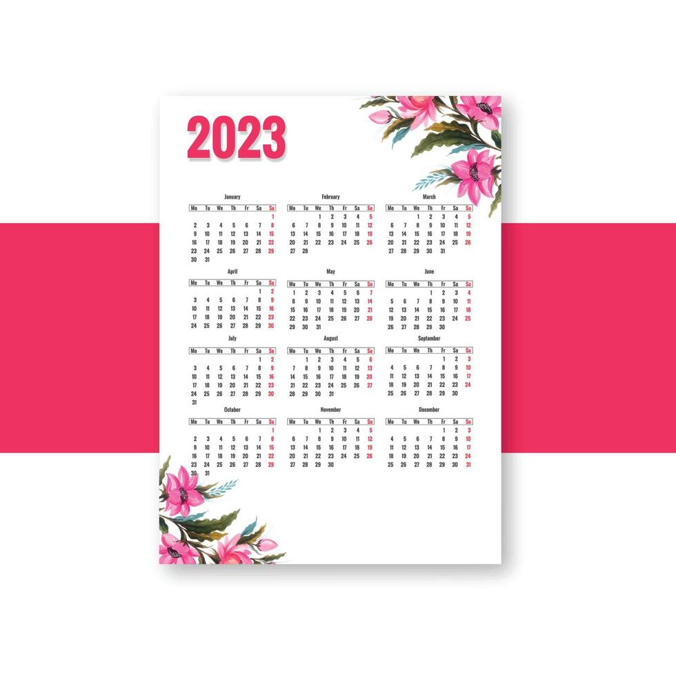 hermoso diseño floral de plantilla de calendario de año nuevo 2023 vector