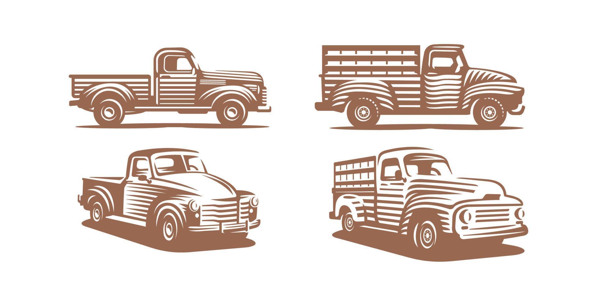 Vintage farmer pickup truck in etching style vector