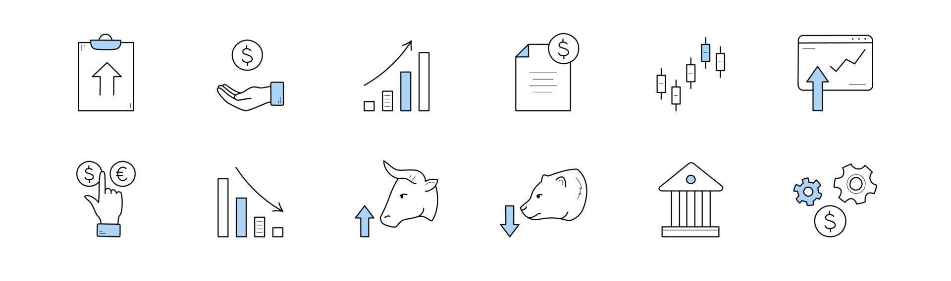 Stock market doodle icons, isolated vector set