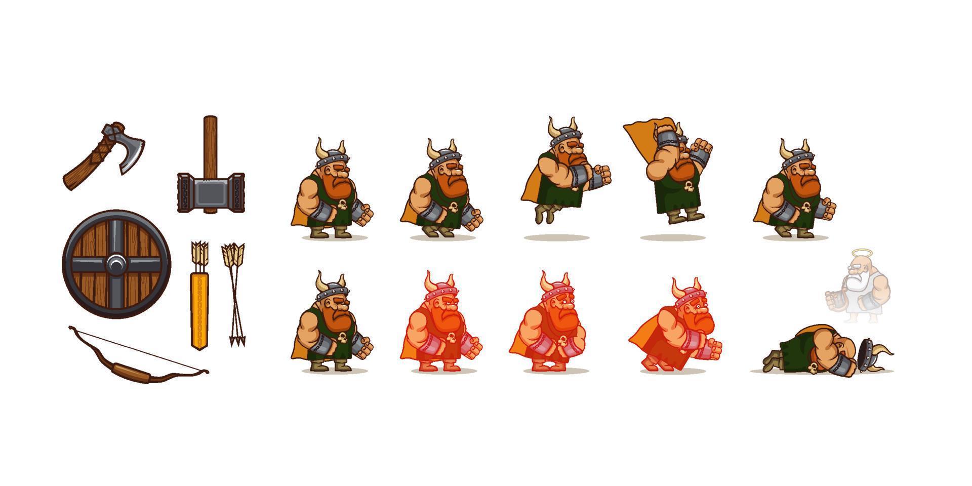 Game weapon icons, viking jump and die animation vector