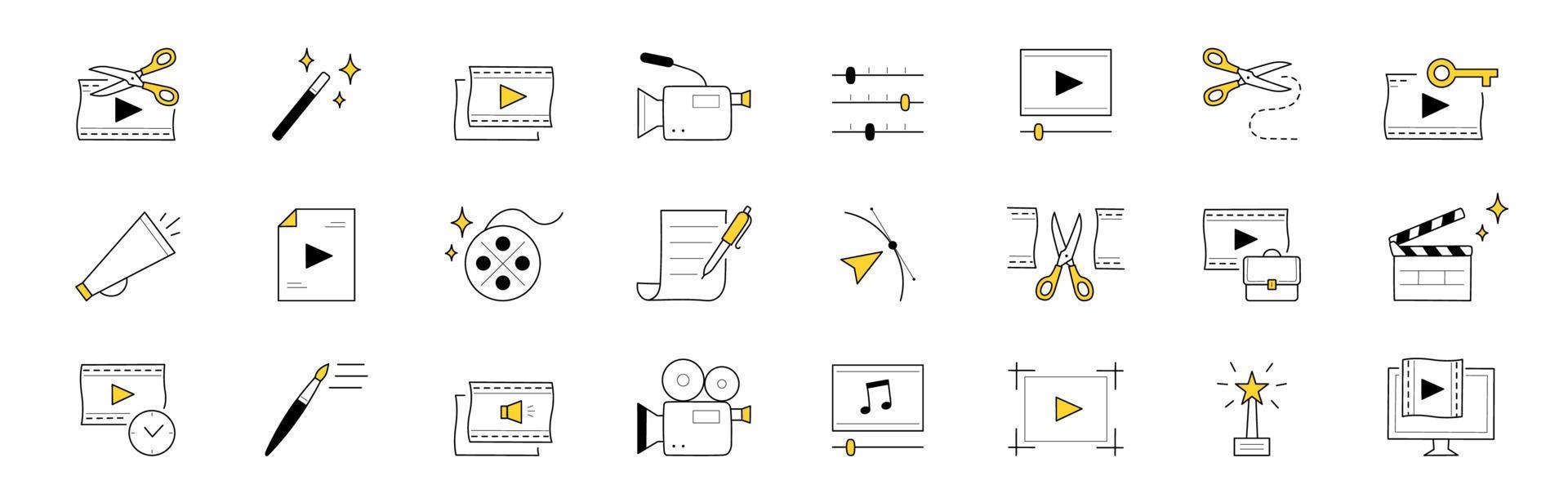 Video edition doodle icons vector elements set