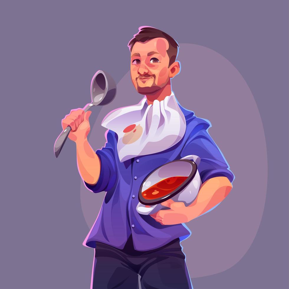 Man chef cook tomato soup in pot vector