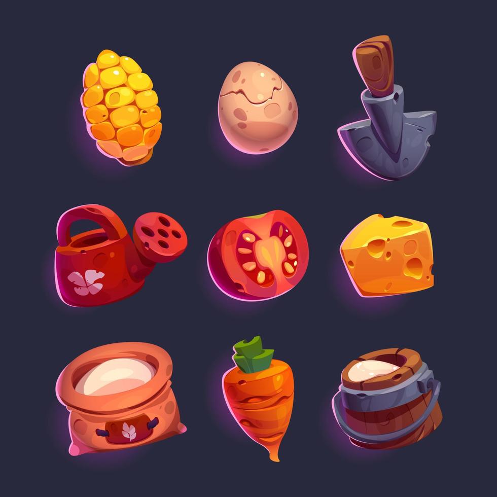 Set of game icons, gardening and farm elements vector