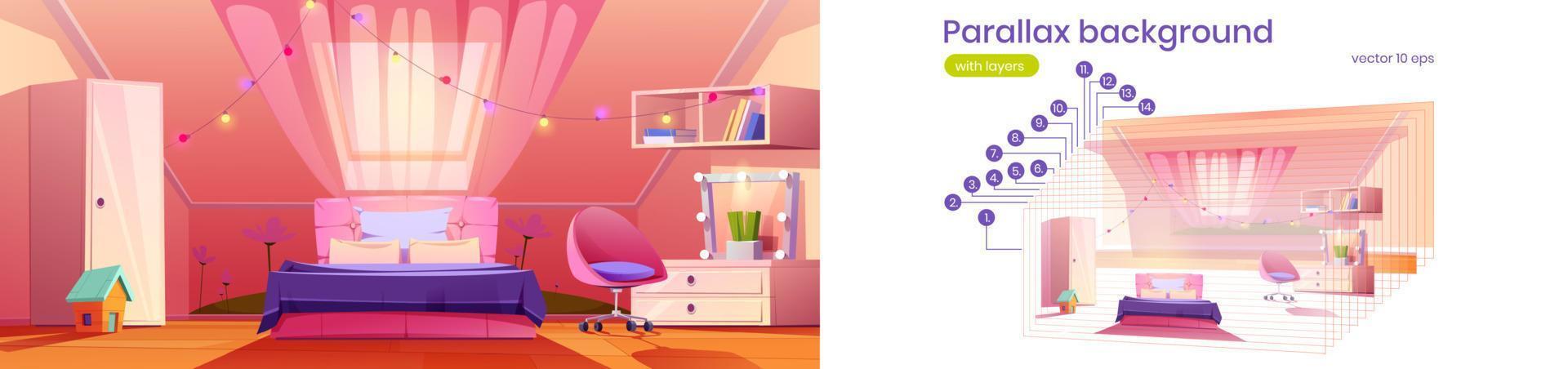 Parallax background gill bedroom on attic, 2d game vector