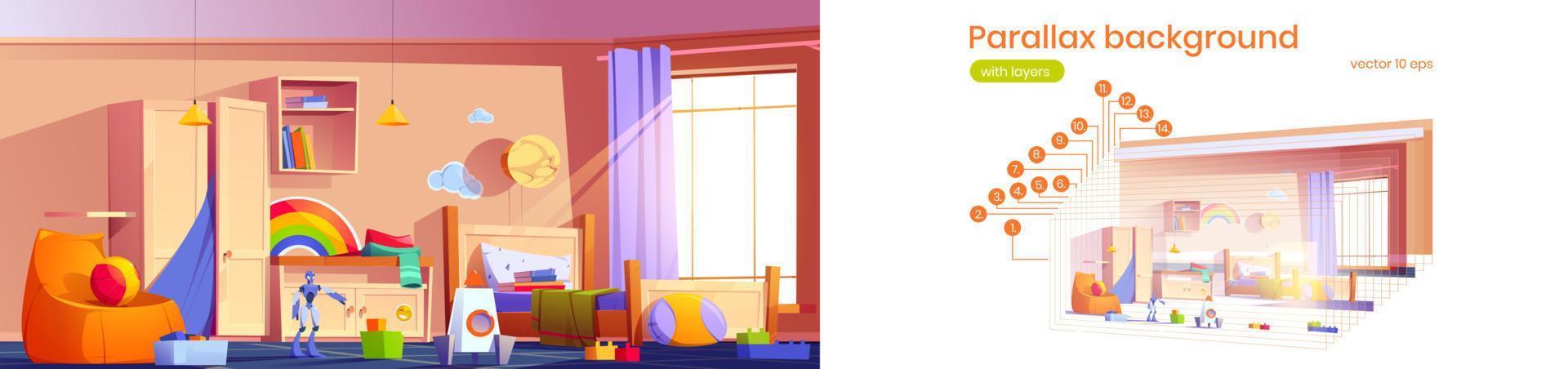 dormitorio de niños de fondo de paralaje, vector de juego 2d