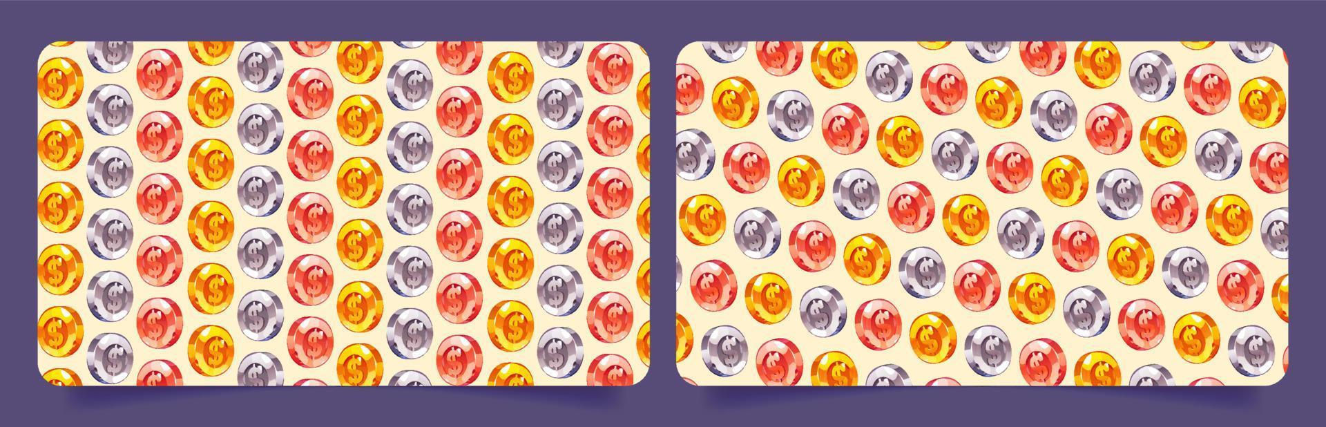 Pattern with dollar coins, cards with gold, silver vector
