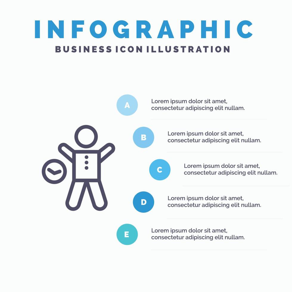 ejercicio gimnasio tiempo salud hombre línea icono con 5 pasos presentación infografía antecedentes vector