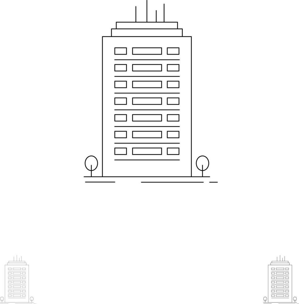 Building Office Skyscraper Tower Bold and thin black line icon set vector
