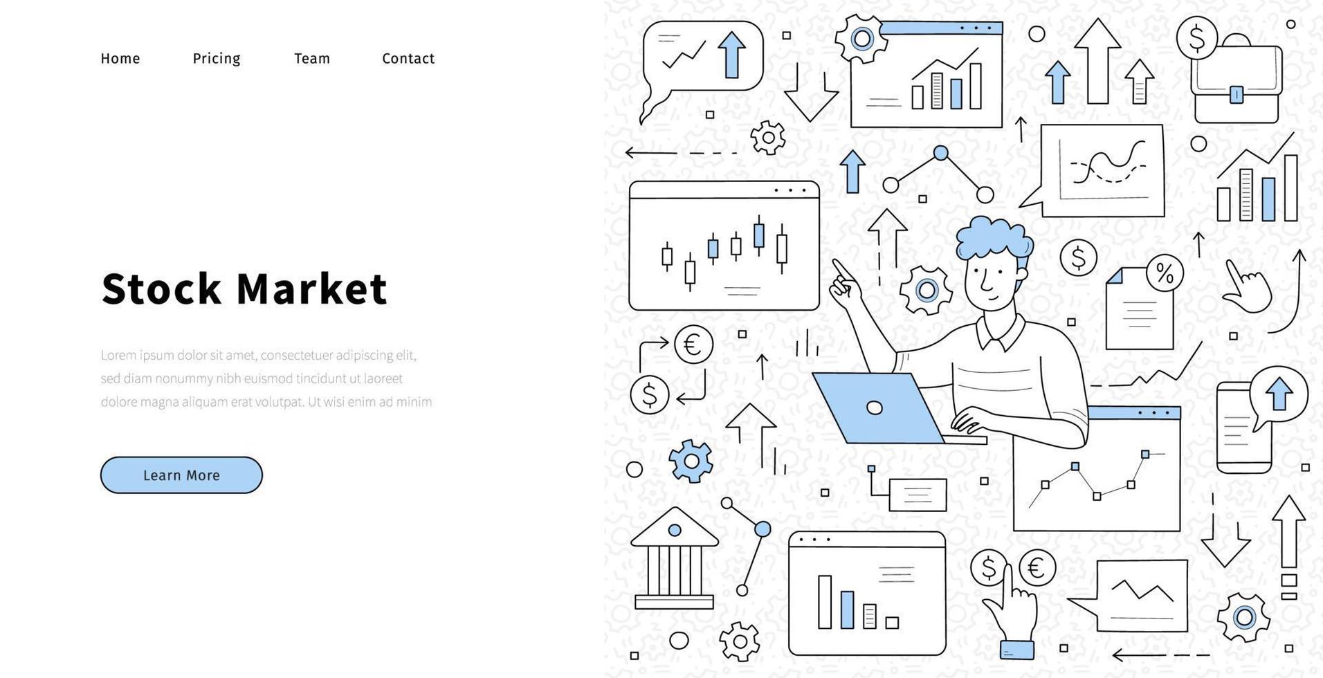 página de inicio del doodle del mercado de valores, trabajo de comerciante vector