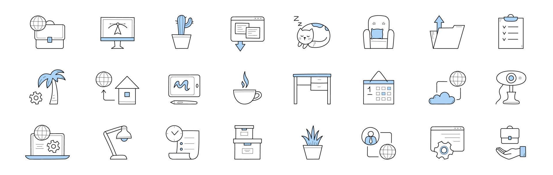 Home office, freelance doodle icons or signs set vector